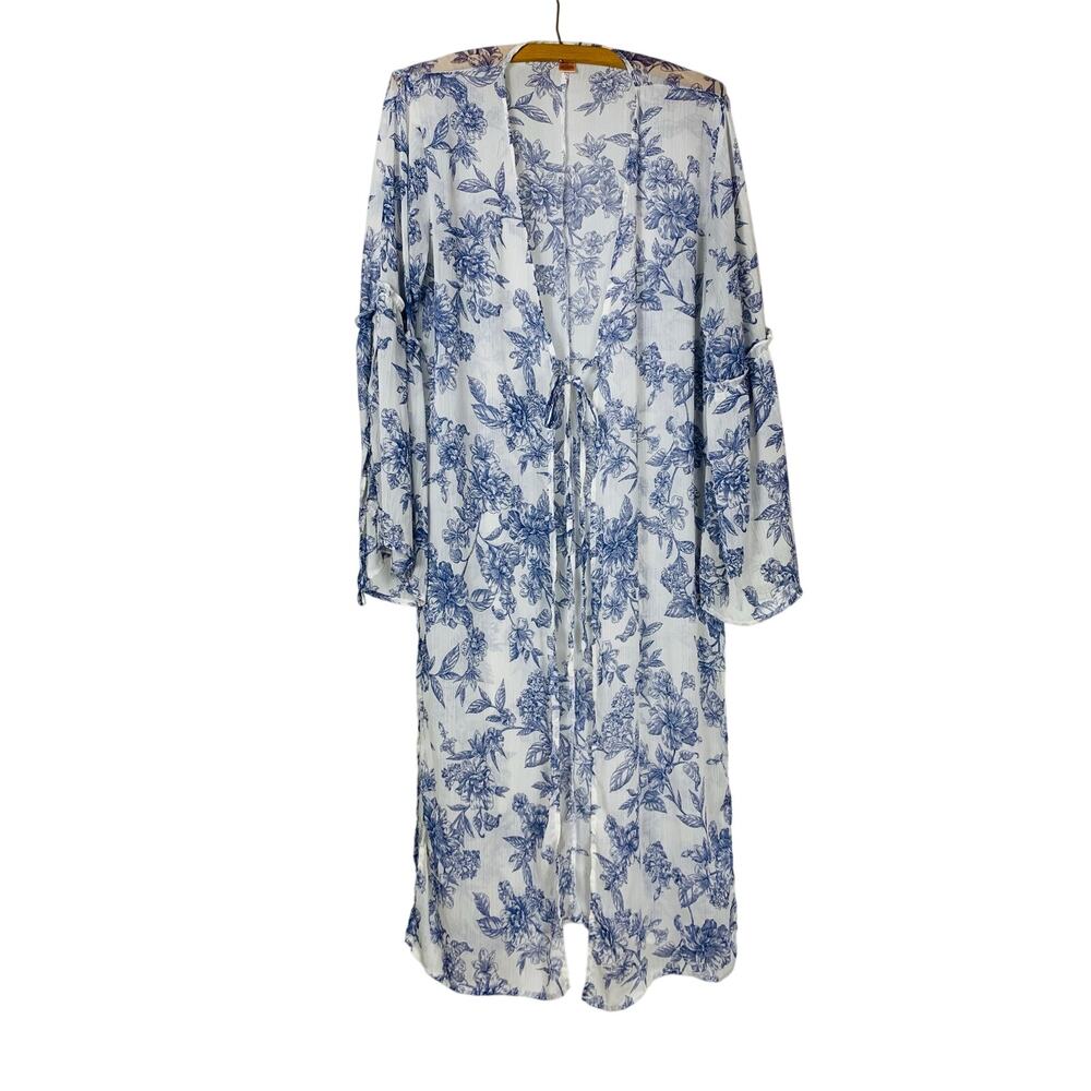 Band of Gypsies Blue White Floral Sheer Kimono XS Pattern Layer Duster Festival